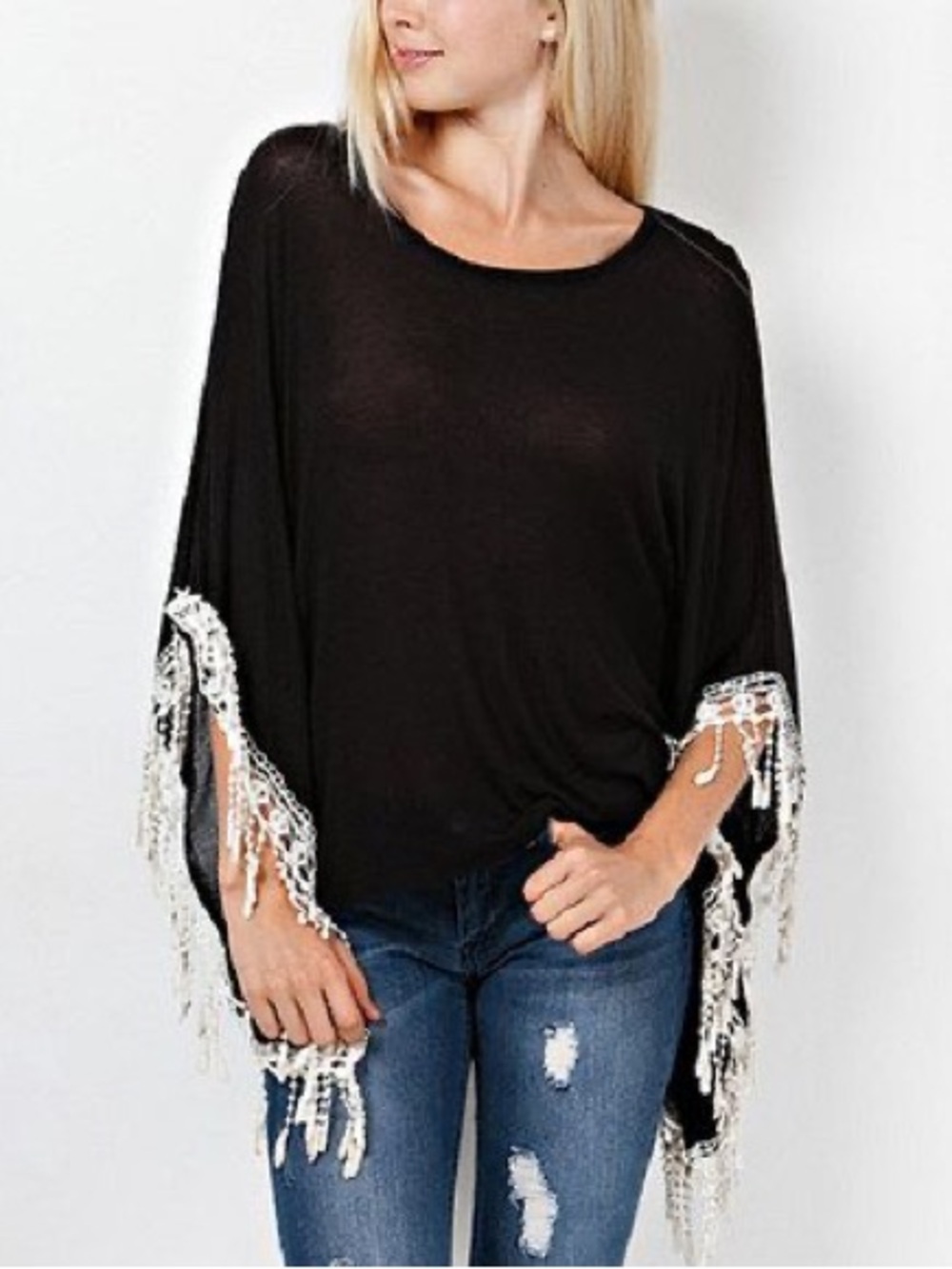 Poof! Black Tunic with Cream Fringe Trim